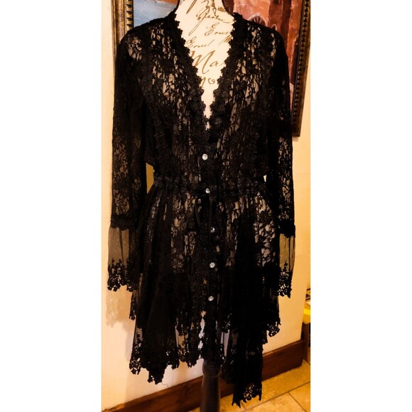 Adore Dresses & Skirts - ADORE Black Floral Lace Button-Down Duster/Robe w Long Bell Sleeves Uneven Hem